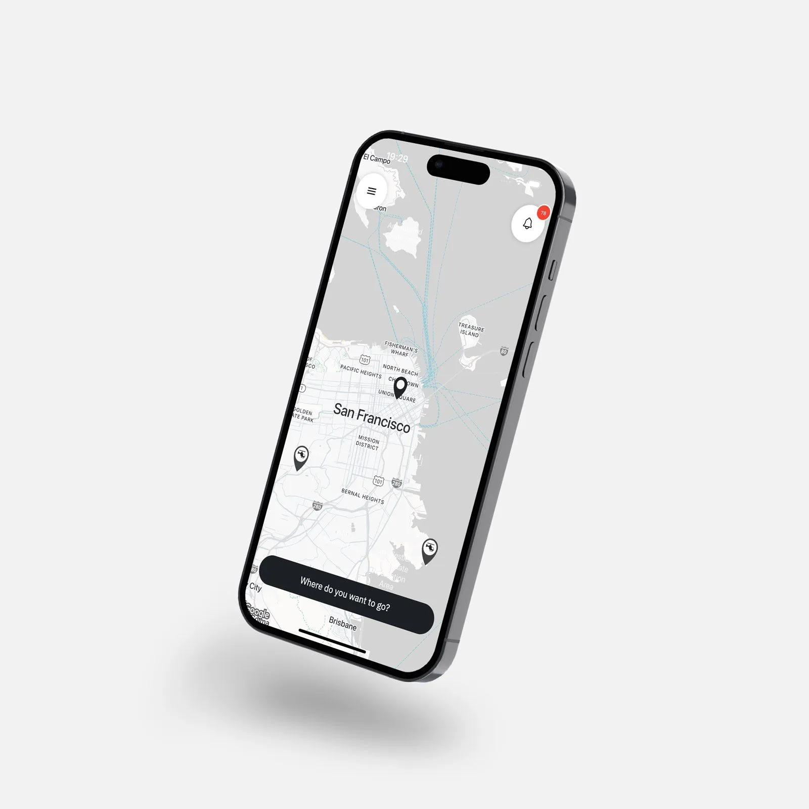 The Let's Fly app map with nearby aircraft