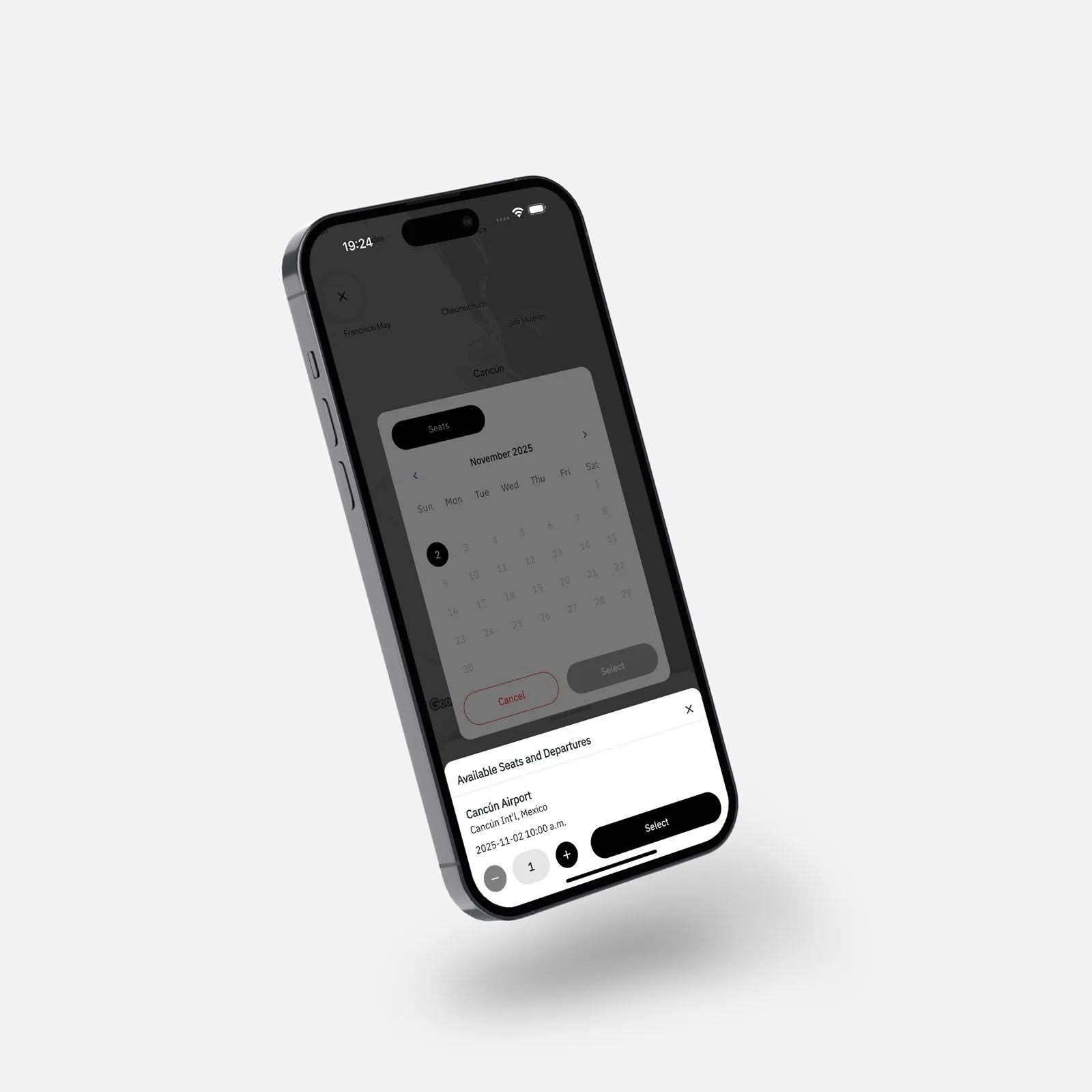 Choosing seats and a departure date in the app