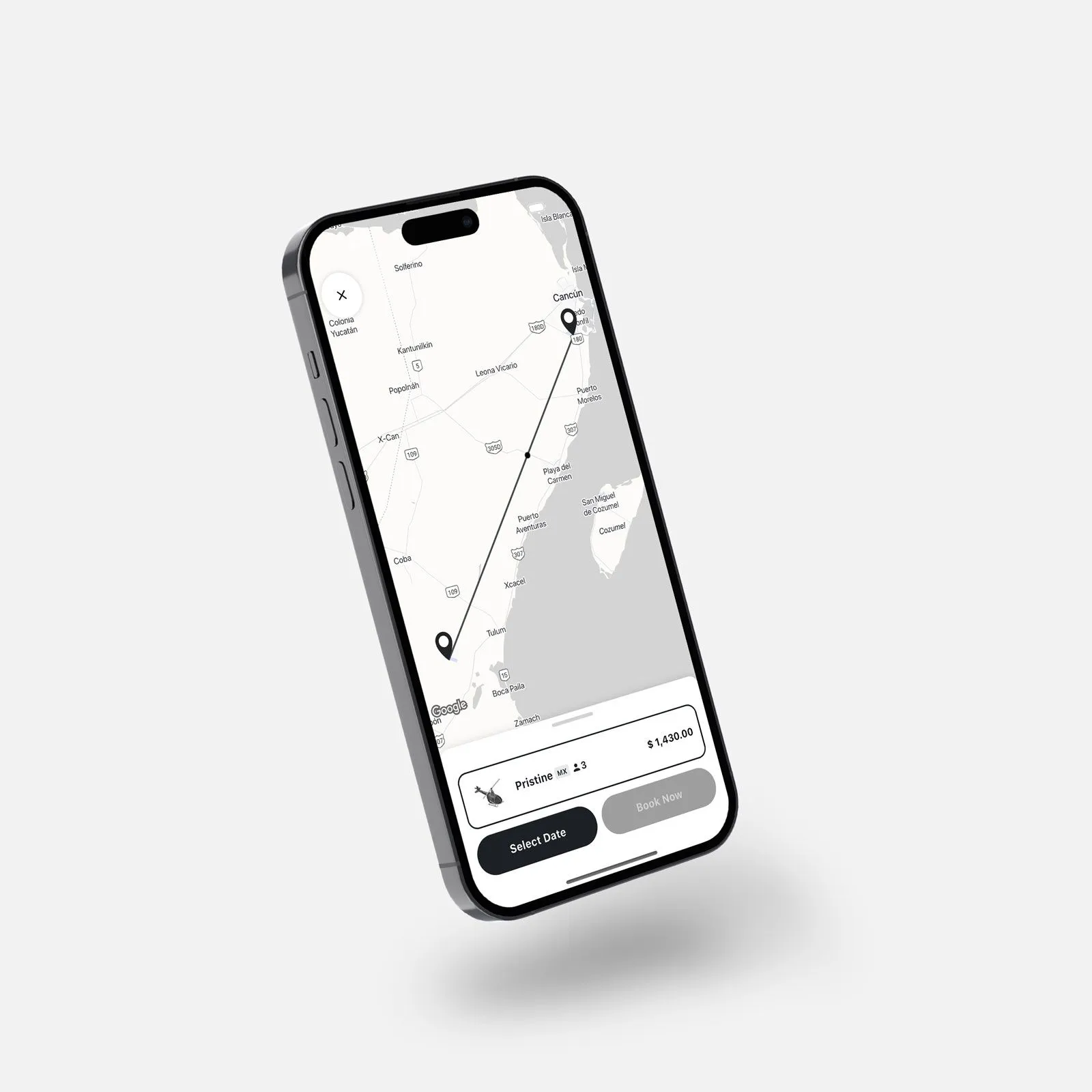 Booking a helicopter trip from Cancún to Tulum in the Let's Fly app